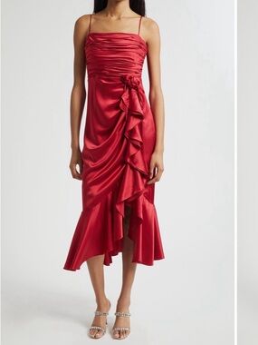 cinq a sept Red Satin High-Low Ruffle Midi Dress